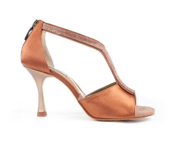 PortDance PD806 bronze satin dance shoe with open toe and adjustable ankle strap for stability. Perfect for ballroom and Latin.