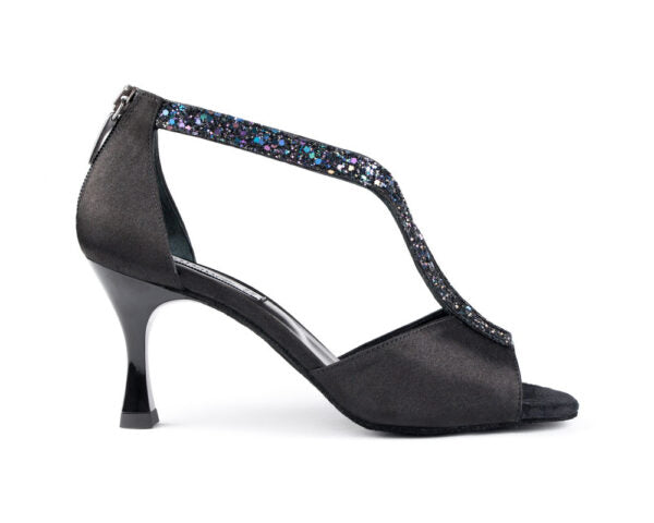 PortDance PD806 black satin dance shoe with multicolour glitter, featuring an elegant design and comfortable 7 cm heel.