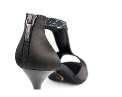 PortDance PD806 black satin dance shoe with multicolour glitter strap and stylish heel design.