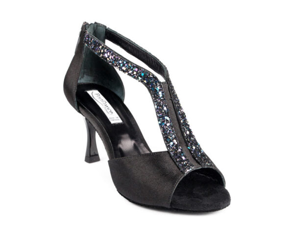 PortDance PD806 black satin dance shoe with multicolour glitter, featuring adjustable ankle strap and open toe design.