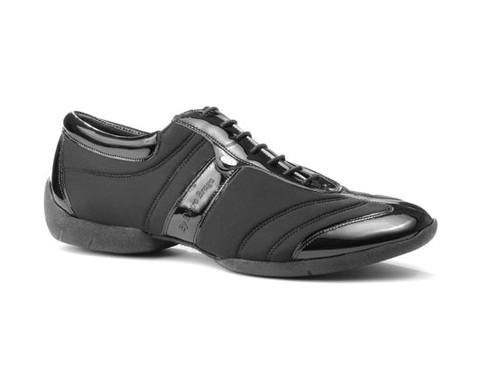 PortDance PD Pietro Braga black lycra and patent sneaker with flexible sole for dance and casual wear. Handcrafted in Portugal.