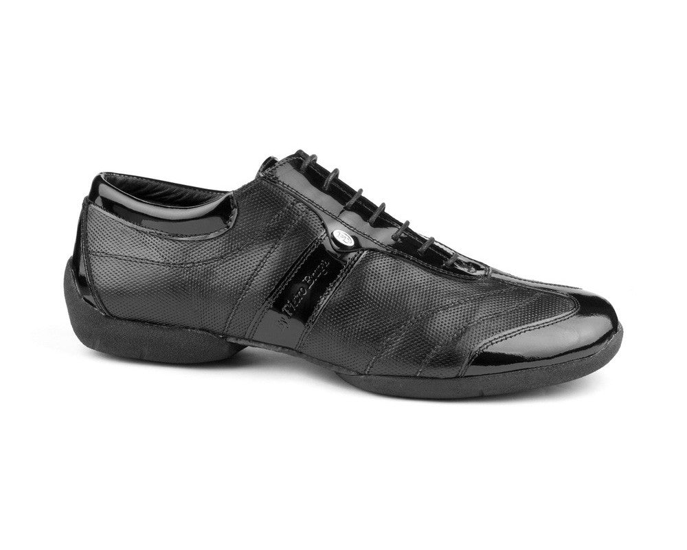 PortDance PD Pietro Street black leather patent shoes, stylish design with suede sole for smooth dance movements.