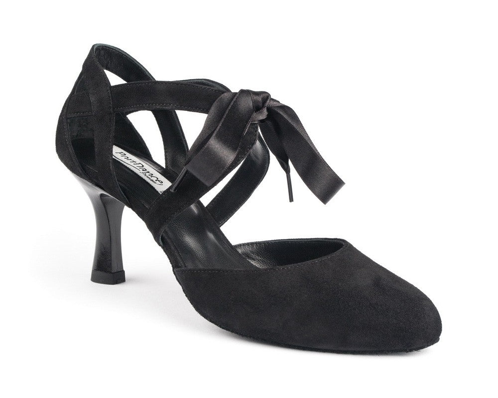 Elegant black nubuck dance shoe with adjustable satin ribbon, perfect for social dancing and enhanced comfort.