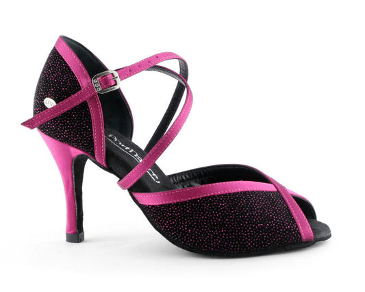 PortDance PD500 Premium Black Fuchsia dance shoe with suede sole and adjustable strap, perfect for social dancing.