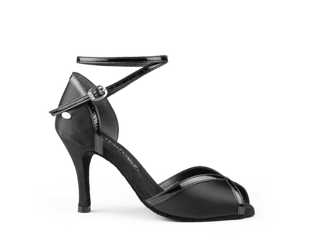 Elegant PortDance PD500 PREMIUM Black Satin dance shoe with adjustable ankle strap and suede sole for comfort and style.