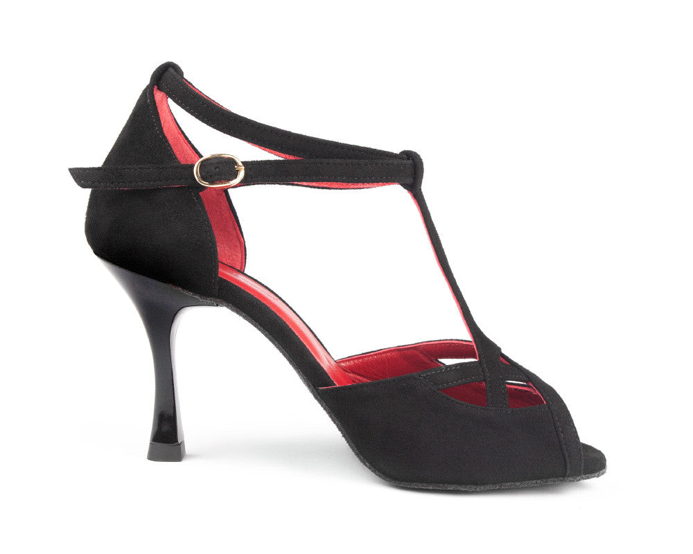 PortDance PD505 Premium black and red nubuck leather dance shoe with adjustable ankle strap and 7 cm heel.