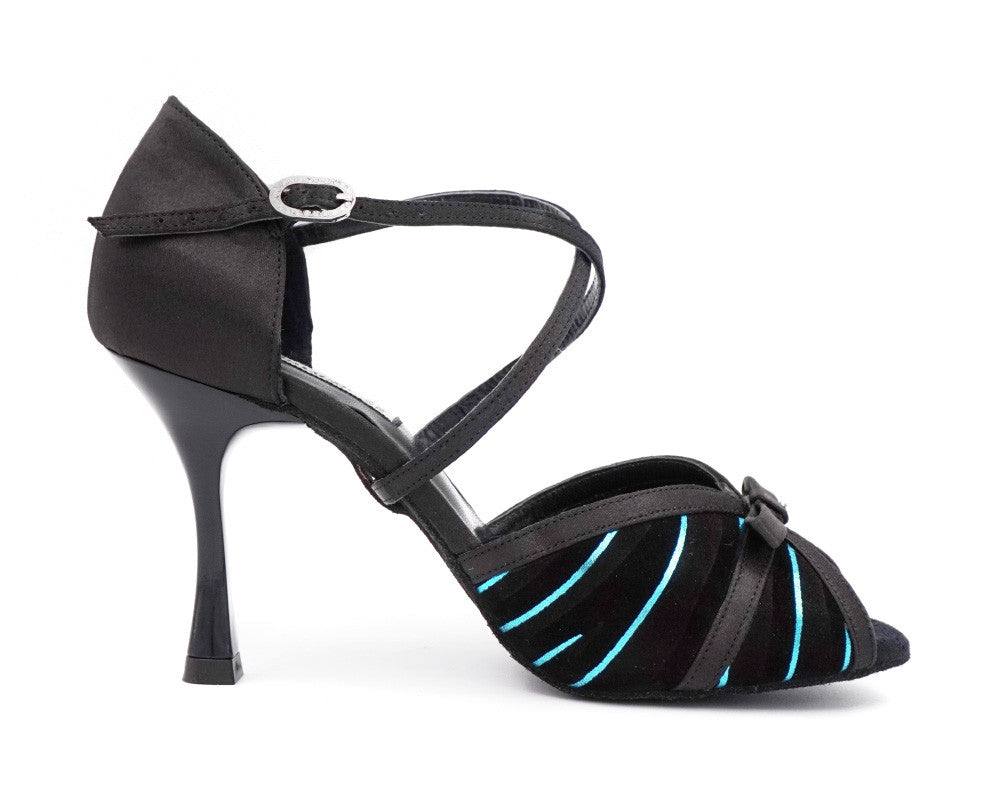 PortDance PD506 black dance shoe with blue stripes, adjustable strap, and 7 cm heel for style and comfort.