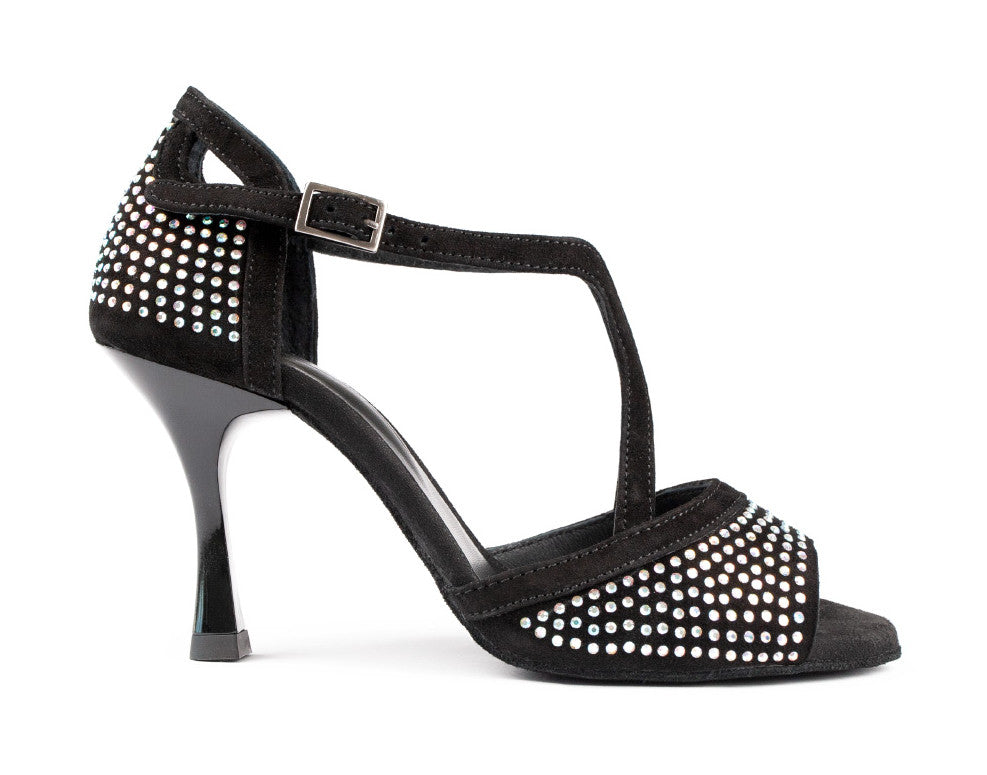 Elegant PortDance PD507 black nubuck dance shoe with sparkling stones and adjustable ankle strap.