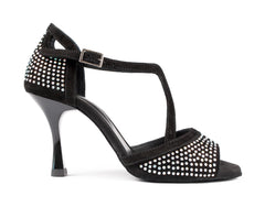 Elegant PortDance PD507 black nubuck dance shoe with sparkling stones and adjustable ankle strap.