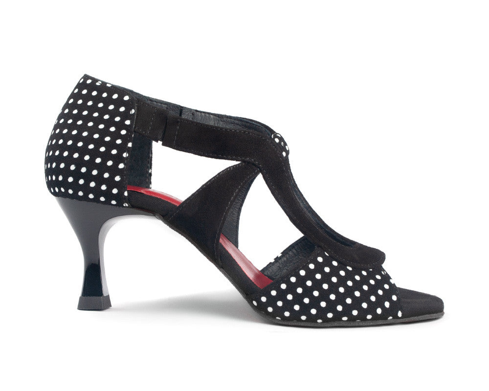 PortDance PD508 black nubuck dance shoe with polka dot details and adjustable ankle strap. Perfect for social dancing.