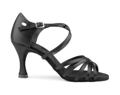 Elegant black satin dance shoe with adjustable strap and 6 cm heel, ideal for ballroom and Latin dancing.