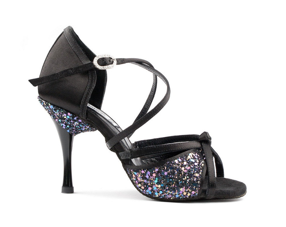 PortDance PD801 black satin dance shoes with glitter accents and adjustable ankle strap, 6 cm heel for comfort.