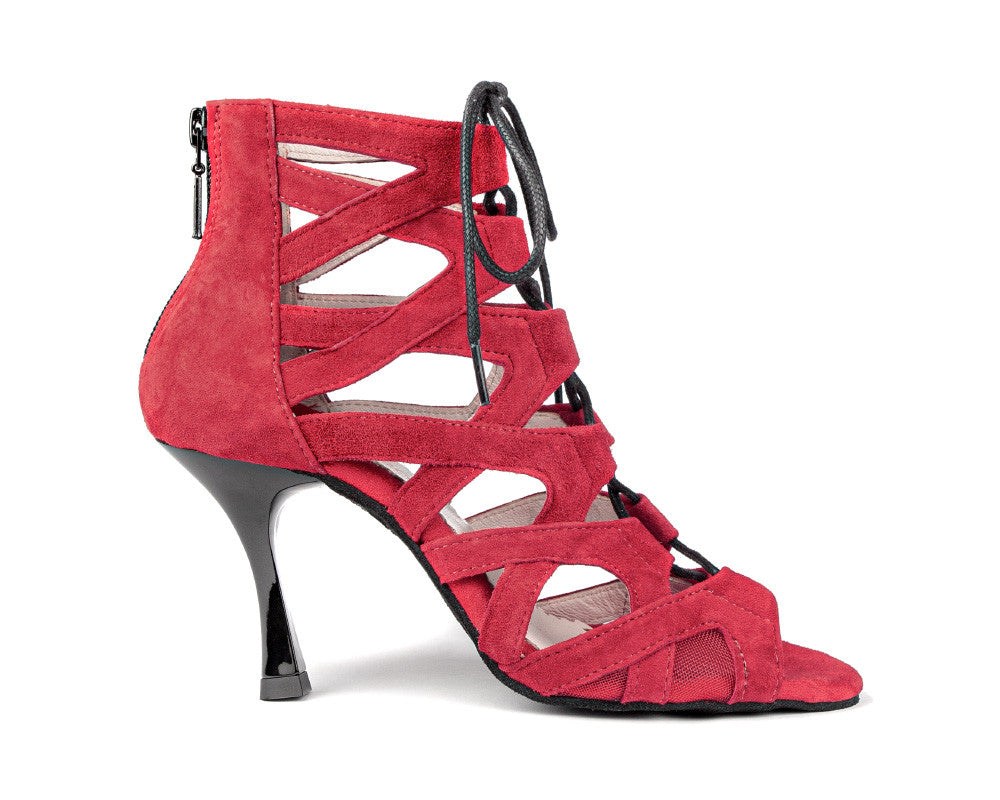 Stylish red nubuck dance shoe with mesh panels and adjustable straps, perfect for social dancing.