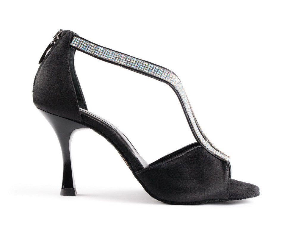 Elegant PortDance PD806 black satin dance shoe with sparkling stones and open toe design.