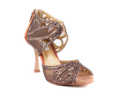 PortDance PD808 bronze satin and glitter dance shoe with adjustable ankle strap and open toe design for comfort and style.