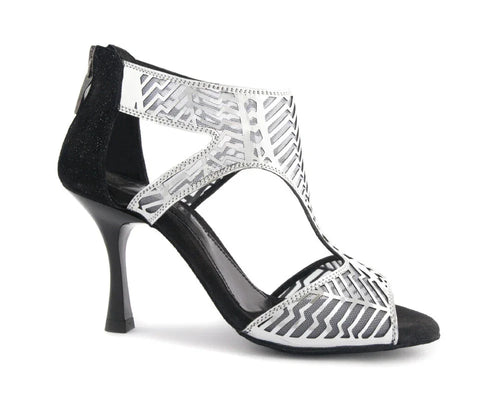 PortDance PD813 PRO silver and black nubuck dance shoe with adjustable ankle strap and comfortable 5 cm heel.