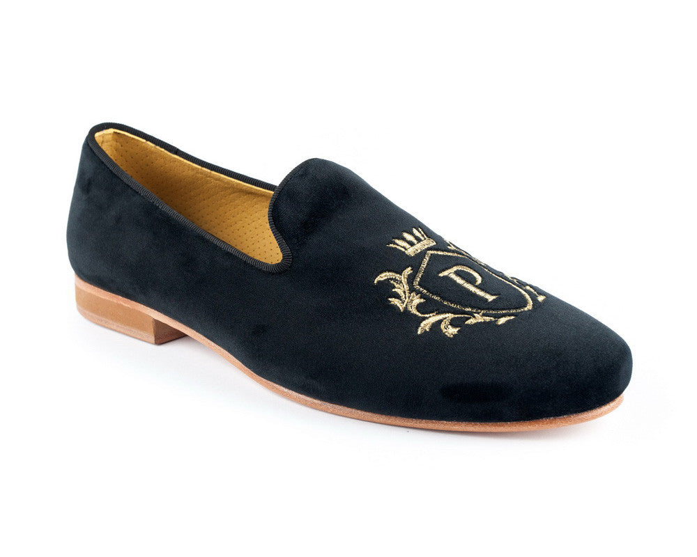 PortDance PDM001 black velvet mocassin with elegant gold logo, perfect for dance and formal occasions.