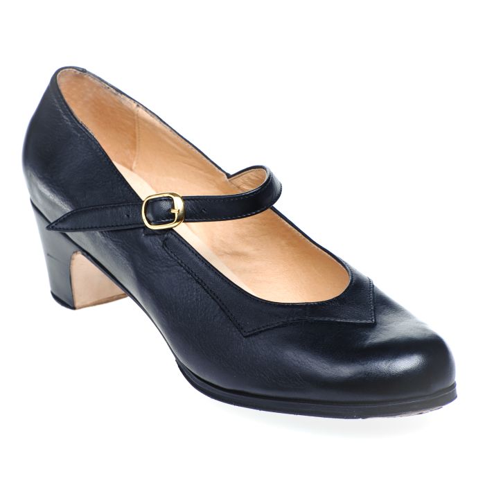 Rummos Flamenco R051 black dance shoe with heel and adjustable strap, designed for comfort and sound.