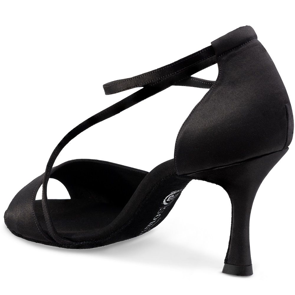 Rummos R304 black open-toe dance shoe with ankle strap and elegant heel, ideal for Latin and Salsa dancing.