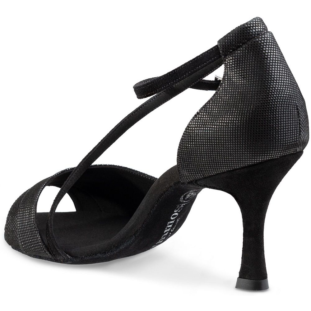 Elegant black open-toe dance shoe with ankle strap and heel, designed for comfort and support in Latin and Salsa styles.