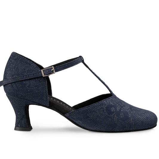 Rummos R312 elegant ballroom dance shoe in navy with a T-strap design and 5 cm heel for comfort and style.