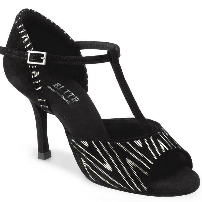 Elegant black T-strap dance shoe with zebra pattern, perfect for Latin and Kizomba dancing.