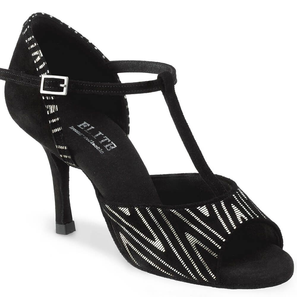 Elegant black dance shoe with T-strap design and zebra print, perfect for Latin and Kizomba dancing.