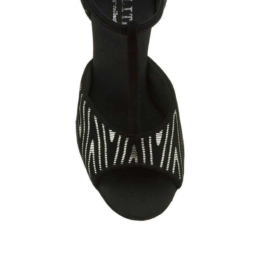 Elegant black dance shoe with T-strap design and unique patterned upper for comfort and support. Perfect for Latin and Kizomba.