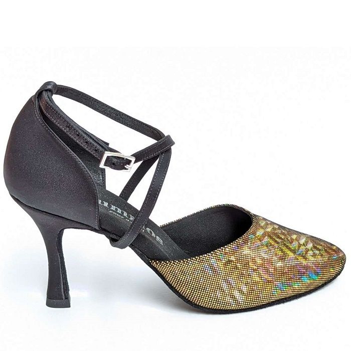 Stylish Rummos R329 041-063 dance shoe with a V-cut, adjustable strap, and 7 cm heel in elegant black and gold design.