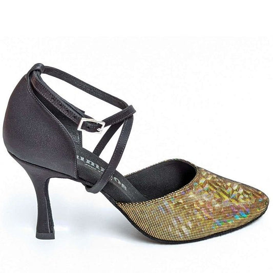 Rummos R329 041-063 black dance shoe with shiny gold and holographic detailing, featuring a V-cut and adjustable ankle strap.