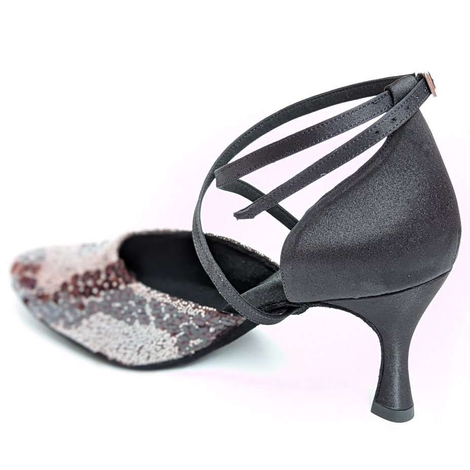 Rummos R329 648-041 adjustable ankle strap dance shoe with V-cut design and 7 cm heel, featuring stylish sequined upper.