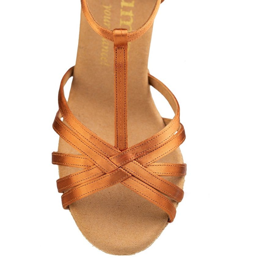 Top view of the Rummos R331 T-strap dance shoe in tan satin, showcasing its stylish design and foot support.