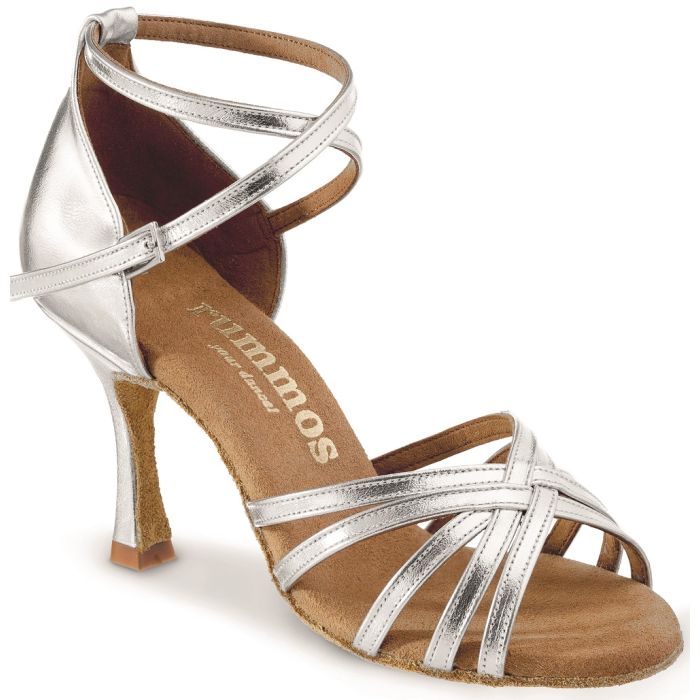 Rummos R332 silver dance shoe with adjustable ankle strap and stylish V-cut design for stability and comfort.