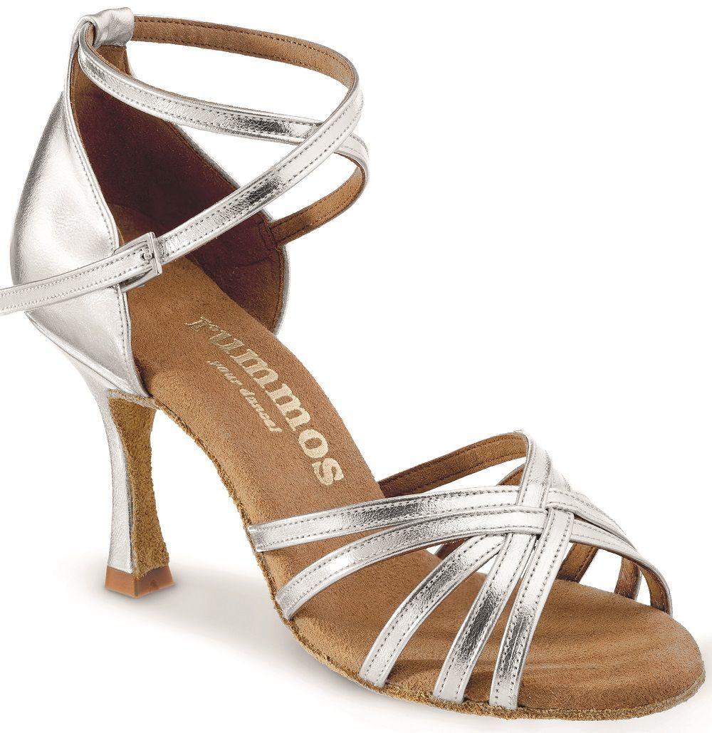 Rummos R332 silver V-cut adjustable ankle strap dance shoe with flexible sole and high heel.