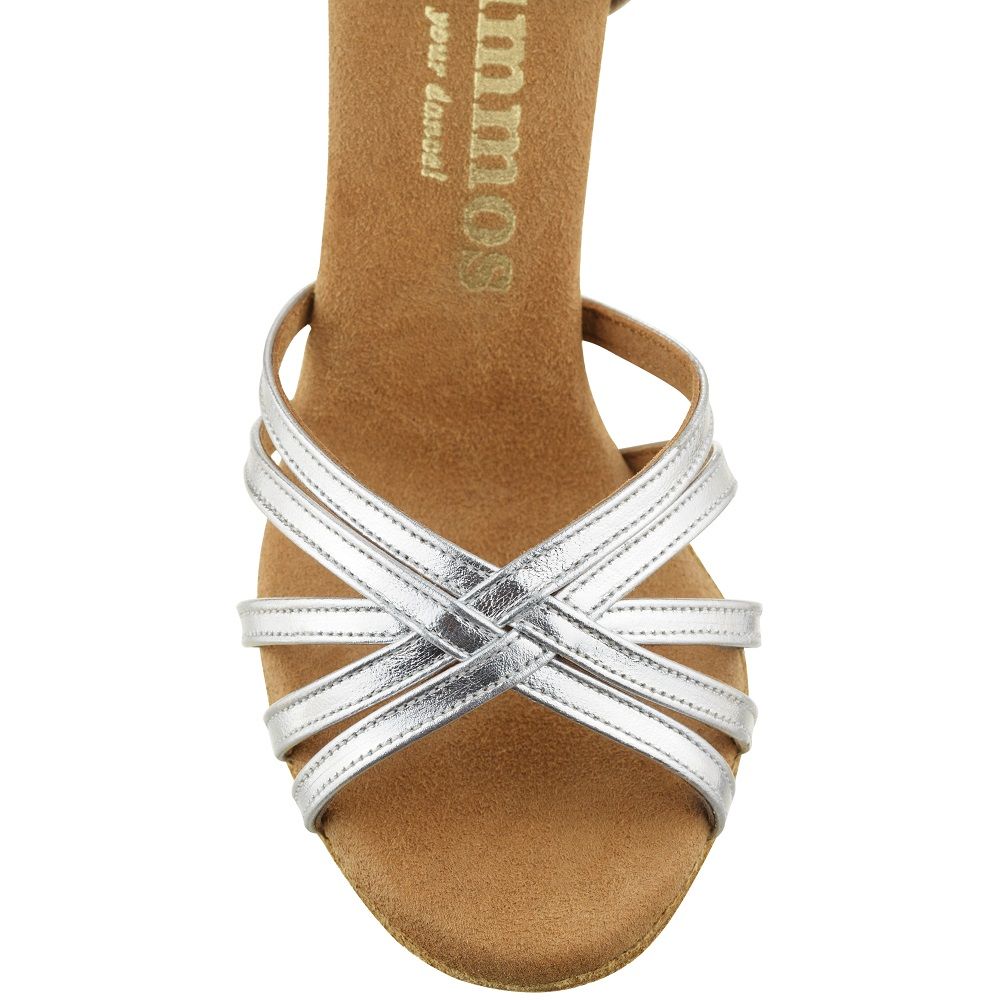 Rummos R332 silver strappy dance shoe with breathable lining and adjustable ankle strap for stability.