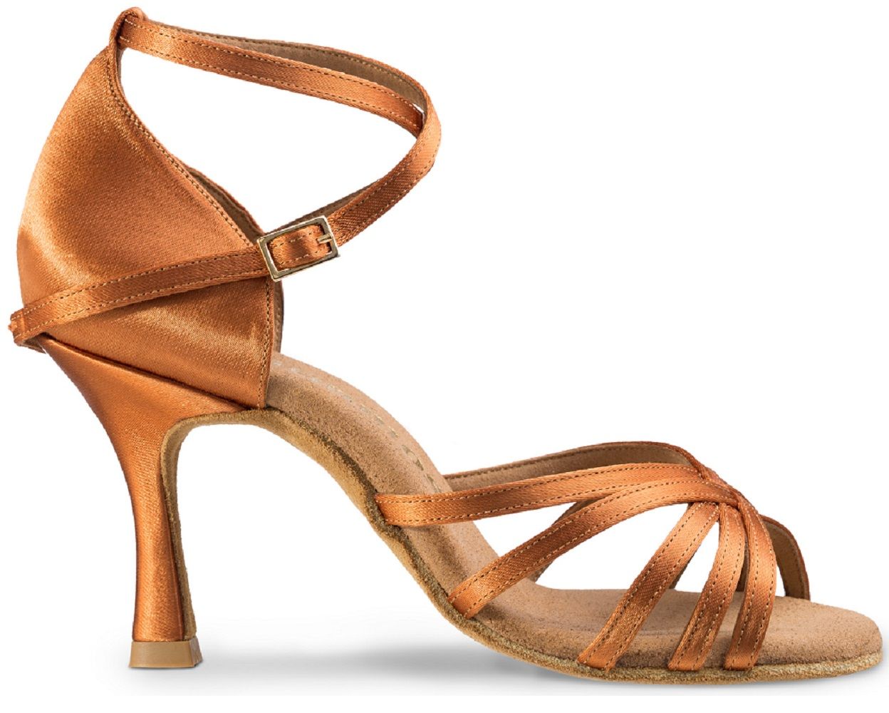 Rummos R332 dance shoe with adjustable ankle strap and elegant V-cut in shiny orange satin finish, featuring a stylish heel.