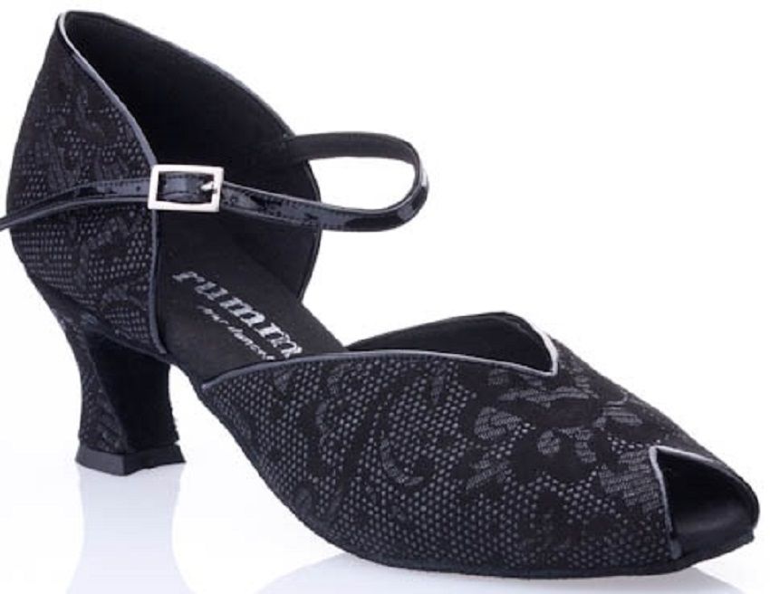 Rummos R543 111-035 black ballroom dance shoe with open toe, 1.6" heel, and comfortable strap design for women.