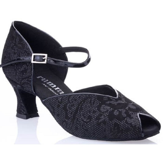 Rummos R543 111-035 black ballroom dance shoe with open toe, 2" heel, and snap buckle for comfort and stability.