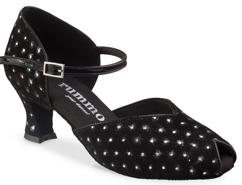 Rummos R543 127-035 black ballroom dance shoe with rhinestones, featuring a 2" heel and snap buckle for comfort and style.