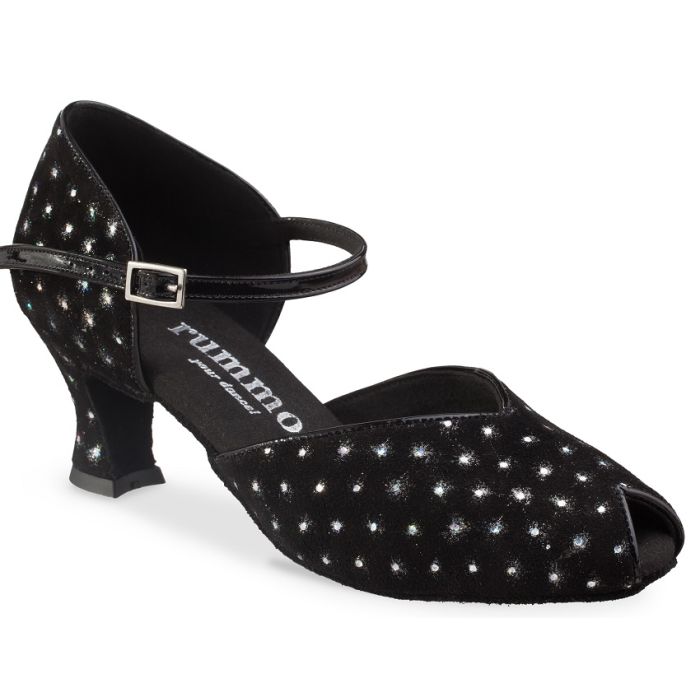 Rummo R543 127-035 black satin ballroom dance shoe with rhinestones and 2-inch heel for women.