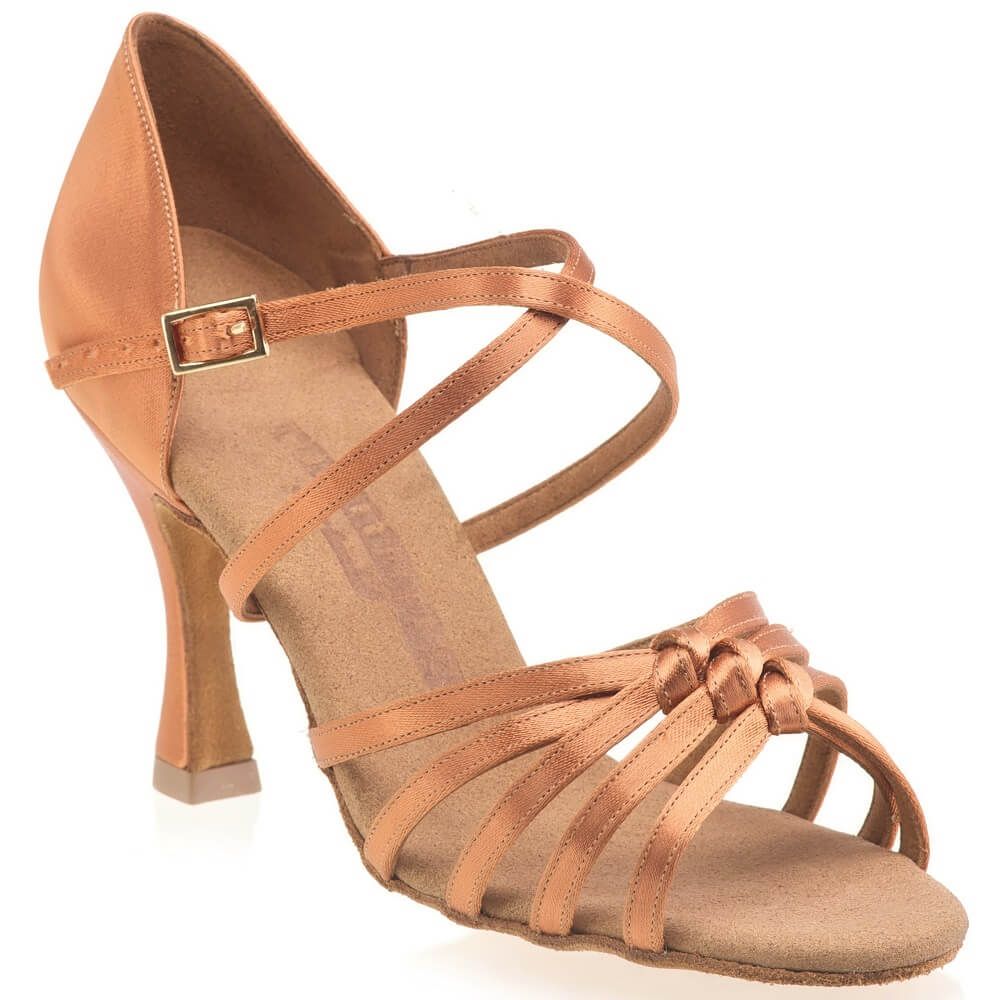 Elegant Rummos R358 dance shoe with open toe and adjustable ankle strap in dark tan satin, featuring a 6 cm heel.