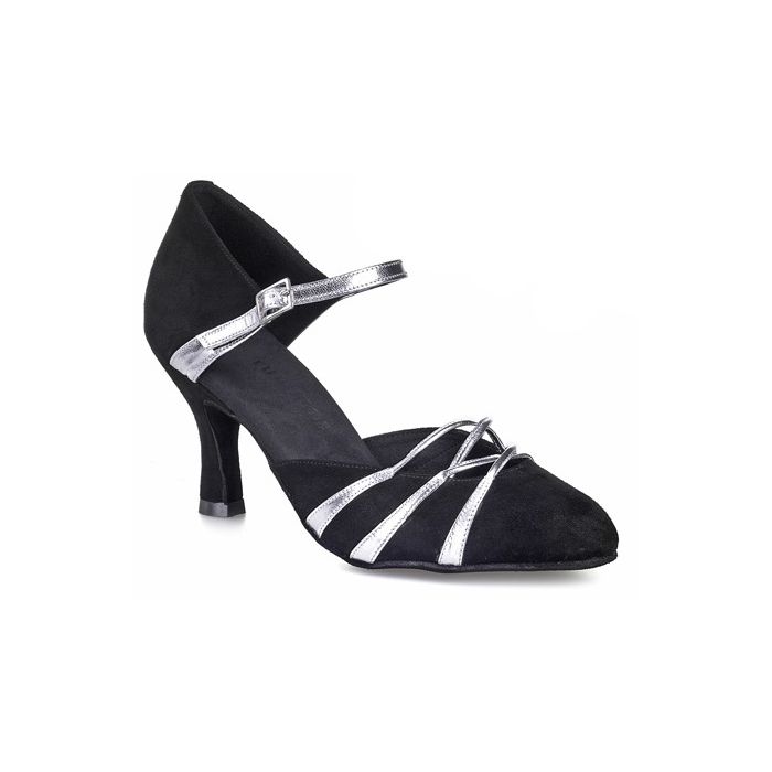 Rummos R360 024-009 black dance shoe with silver accents, designed for Latin, Salsa, and social dancing.