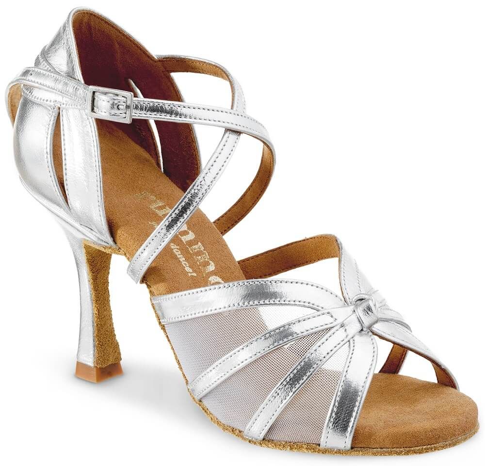 Elegant silver dance shoe with crisscross straps and a high heel, perfect for stylish comfort and flexibility in dancing.