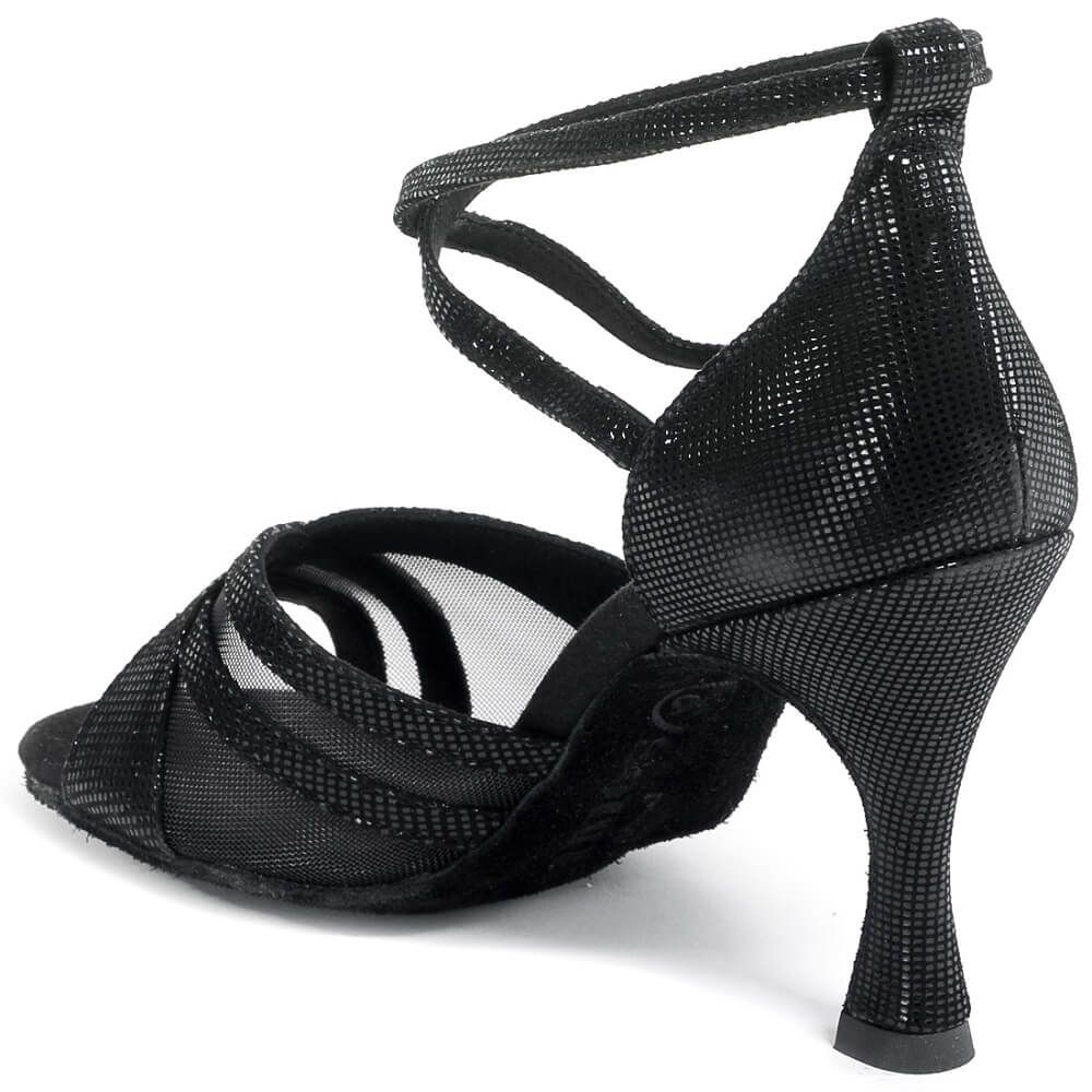 Elegant black Latin dance shoe Rummos R370 with strappy design and high heel, ideal for salsa and social dancing.