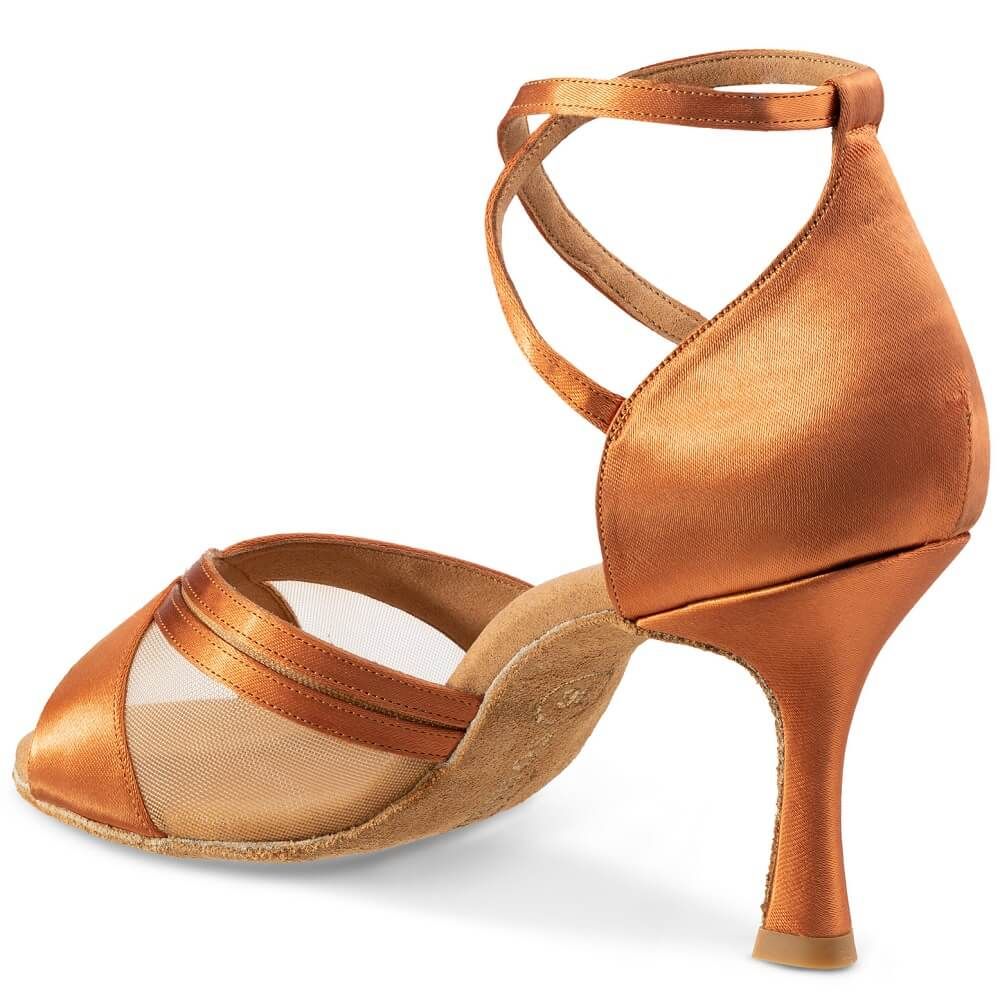 Elegant Rummos R370 Latin dance shoe in bronze satin with a sleek design, perfect for salsa and social dancing.