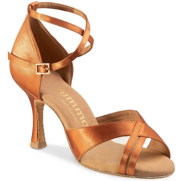 Elegant Rummos R370 Latin dance shoe in rich orange satin with stylish ankle straps, perfect for salsa dancing.