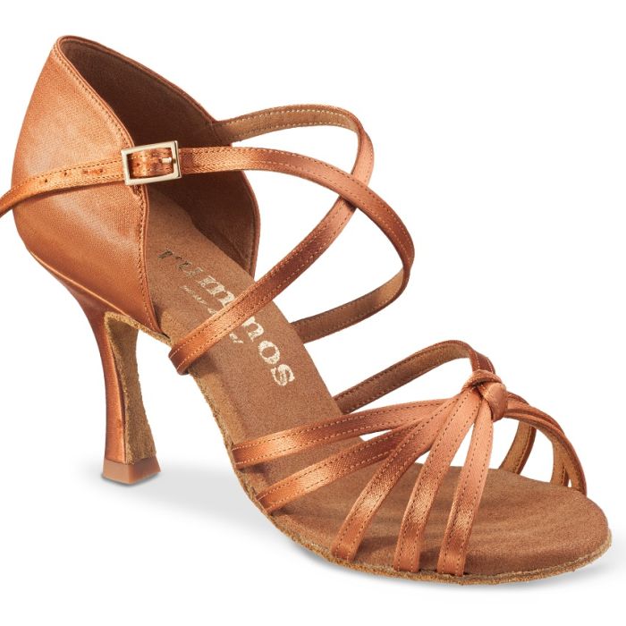 Rummos R380 dance shoe in soft dark brown satin with double cushioning and 5 cm heel, ideal for Latin styles.