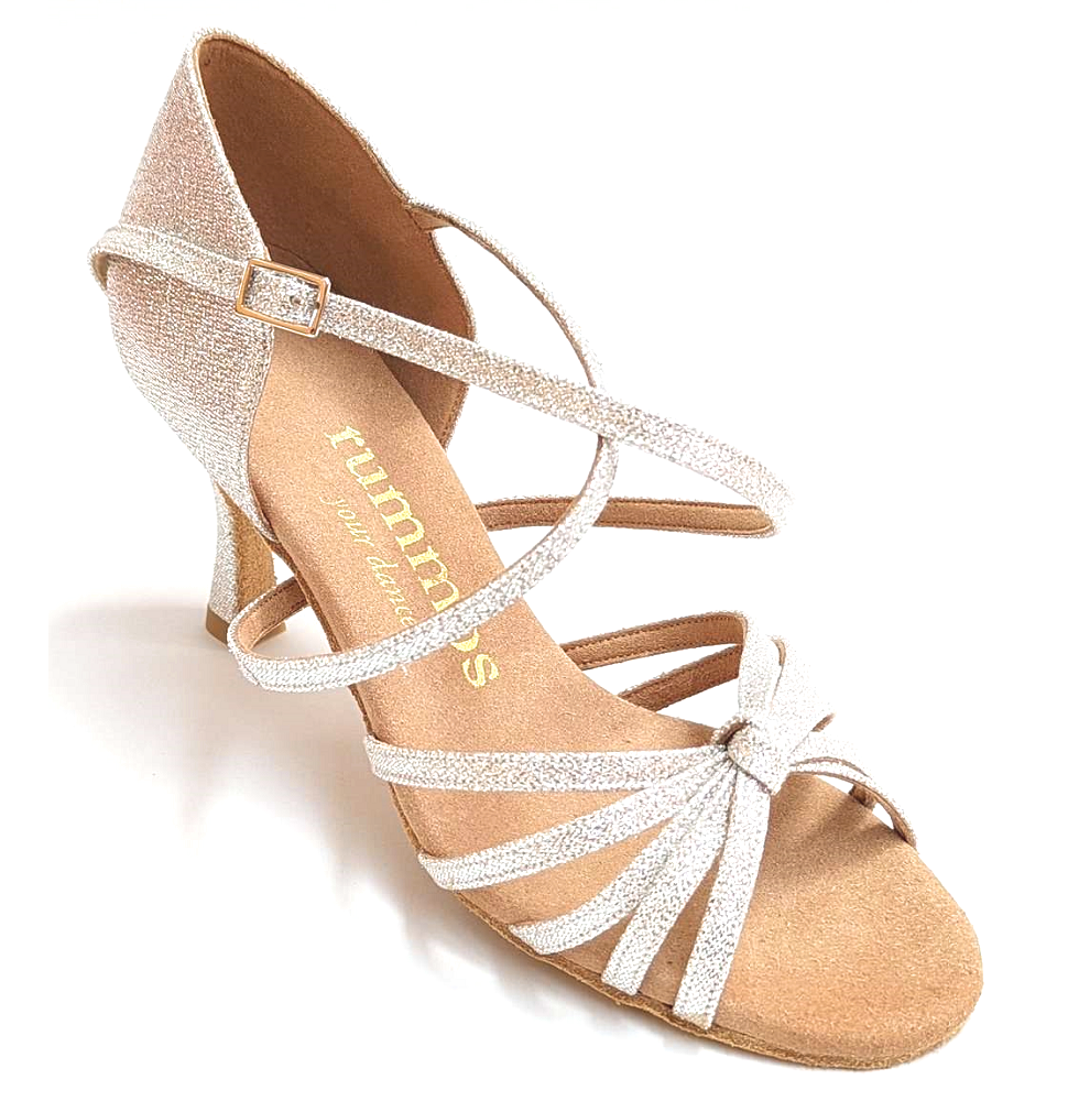 Rummos R380 709 dance shoes featuring soft silver material, double cushioning, and stylish strap design for optimal comfort.