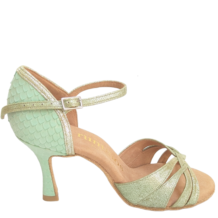 Rummos R383 713-293 dance shoe in unique green color, featured with soft leather, high heel, and stylish design for comfort.