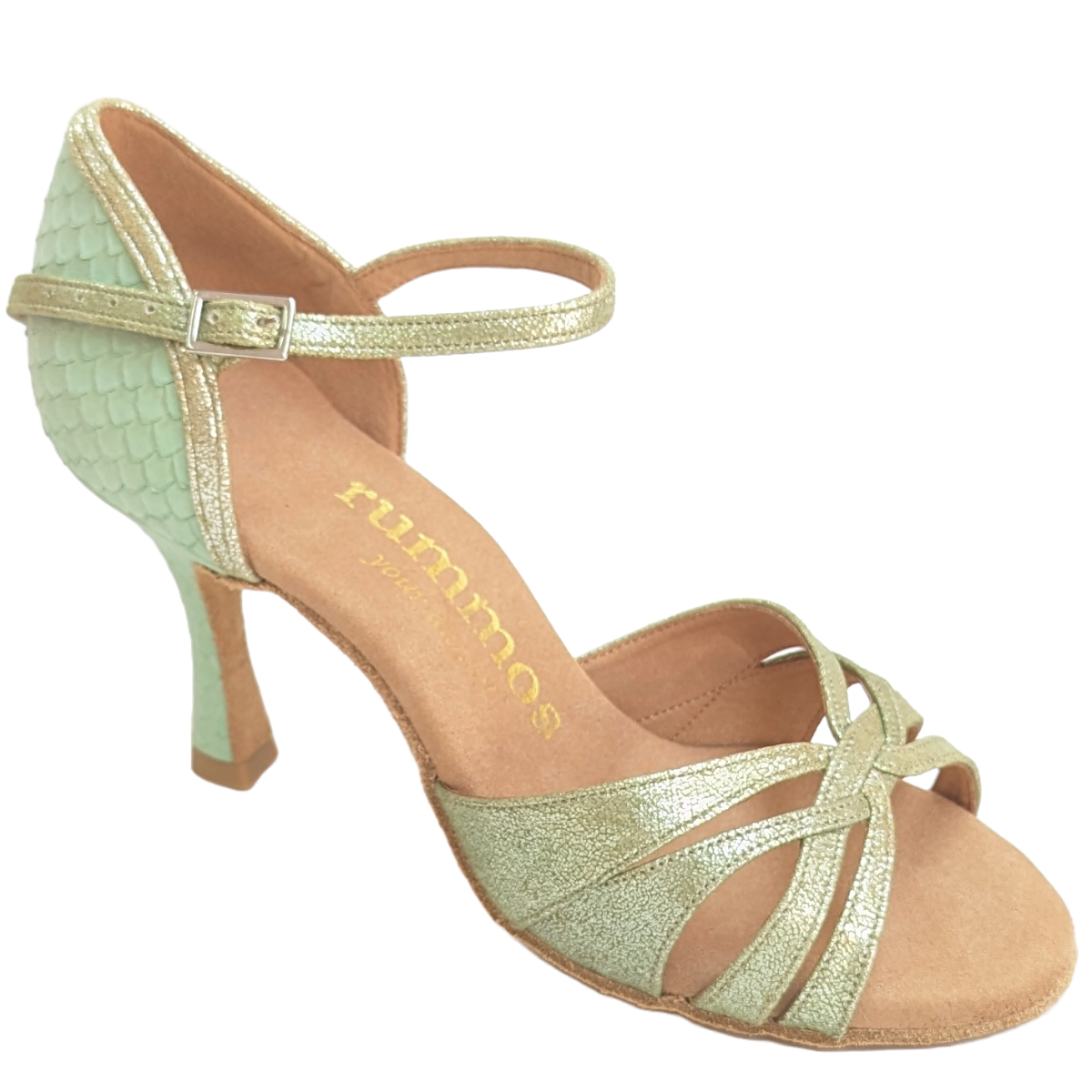 Rummos R383 713-293 elegant dance shoe in gold and mint, featuring double cushioning and a balanced heel for stability.